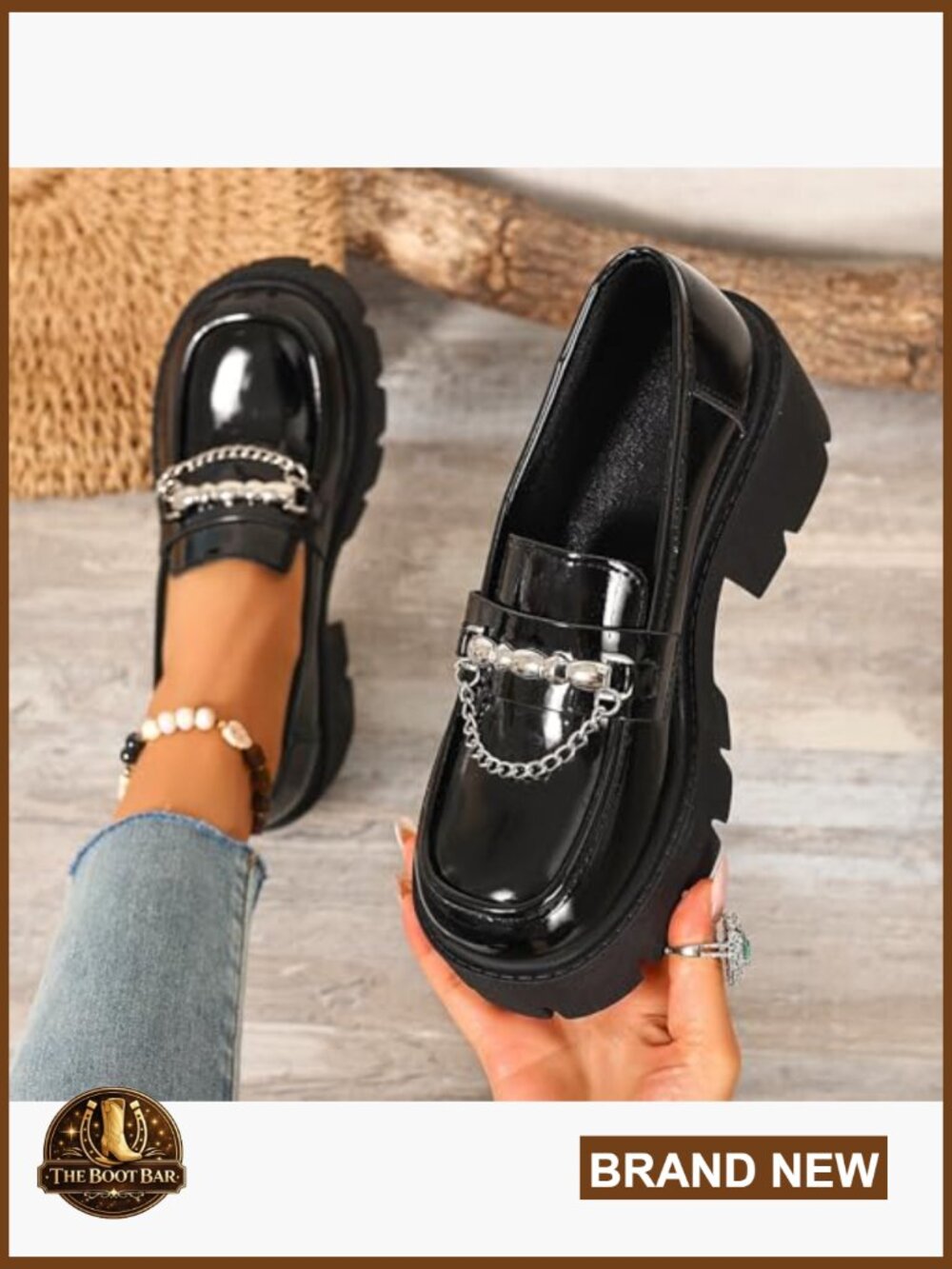 Chunky Heel Platform Loafers with Chain Detail Slip-On Lug Sole Dress Shoes - Picture 5 of 7